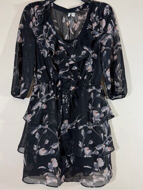 Lauren Conrad Black Floral Chiffon Tiered Ruffle Mini Shirt Dress Size 6